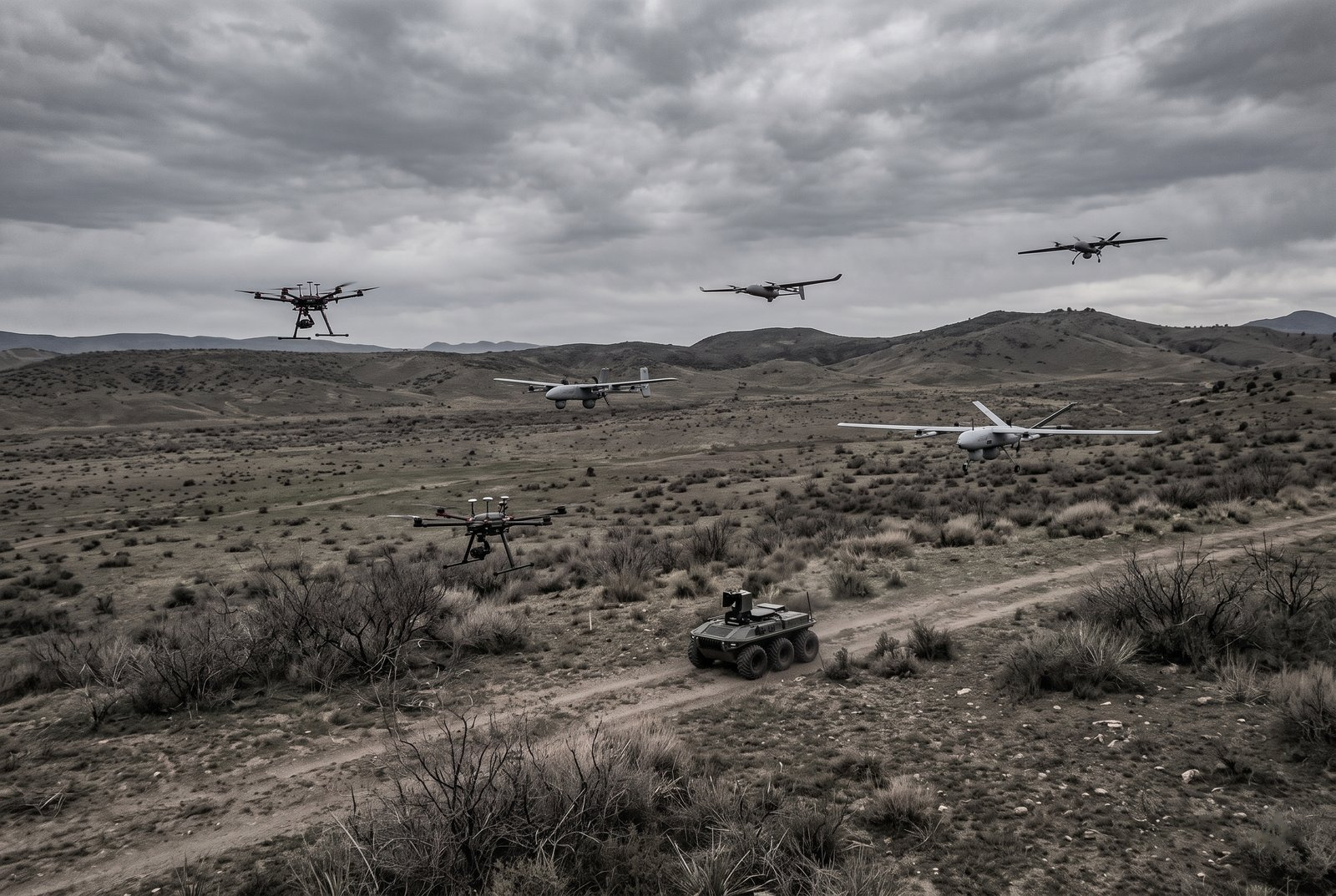 Mixed fleet of UAVs, UGVs and USVs coordinated as one team
