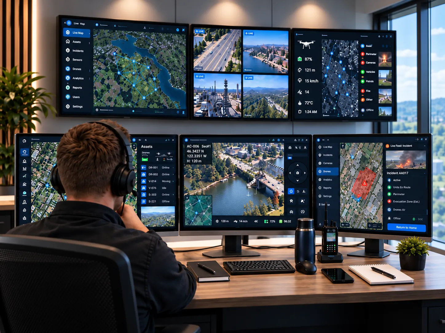 Operators monitoring drone fleets from a multi-screen command center