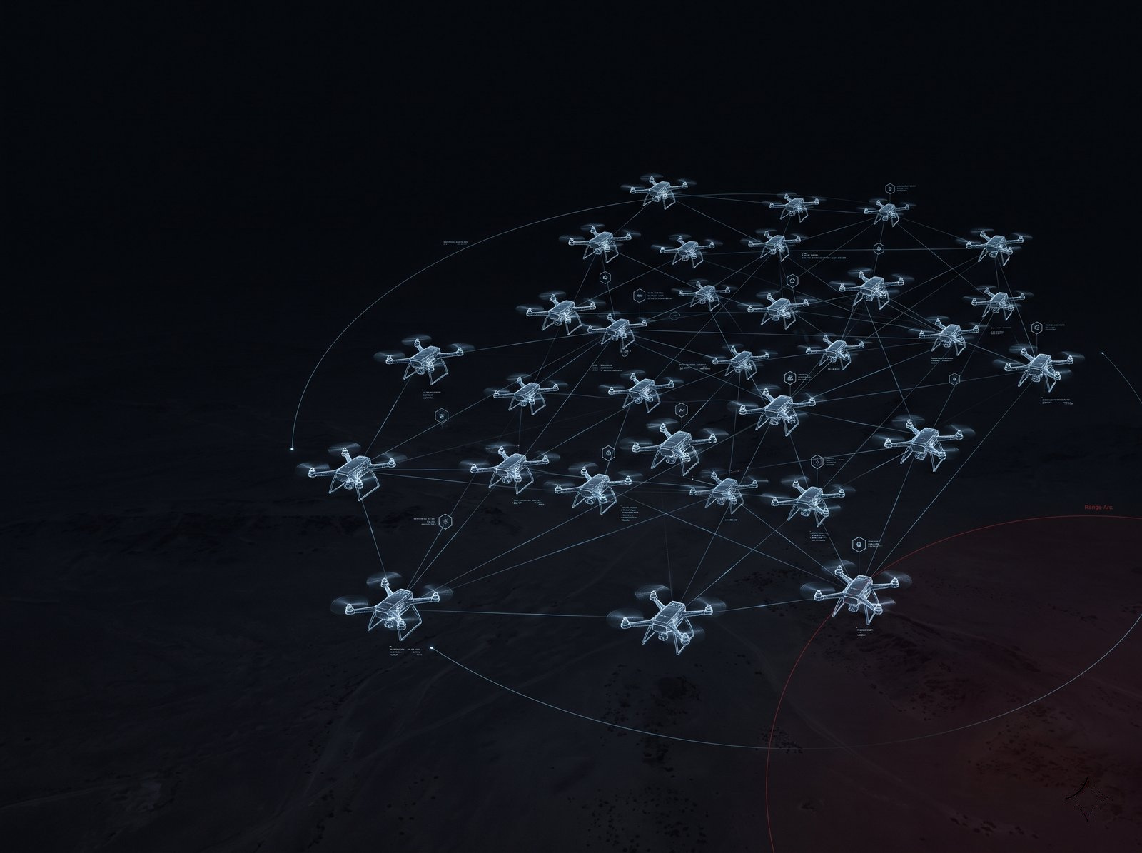 Swarm of drones flying in formation over contested terrain, linked by a mission network