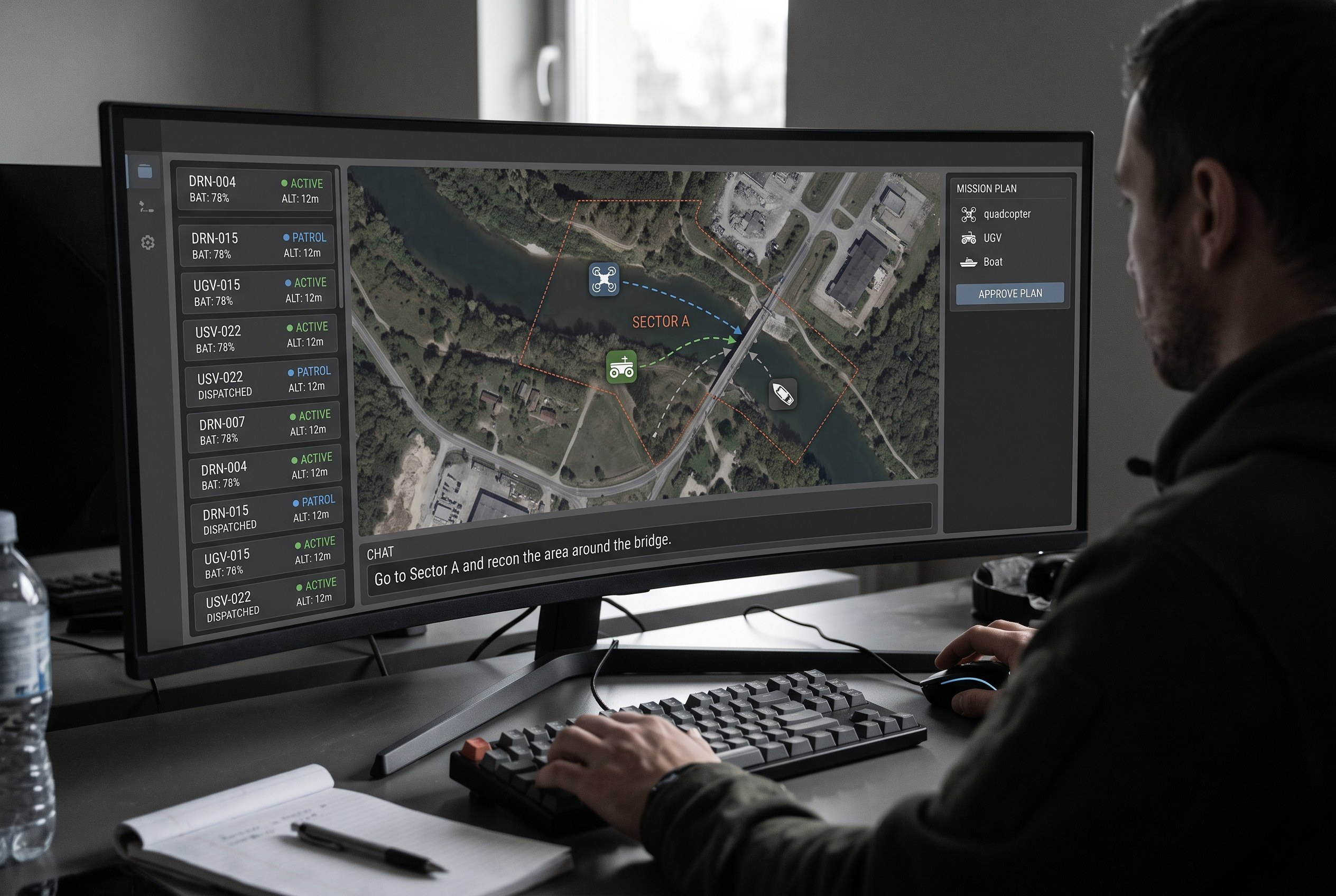 Operator typing a one-line instruction while a mixed fleet is planned on a map