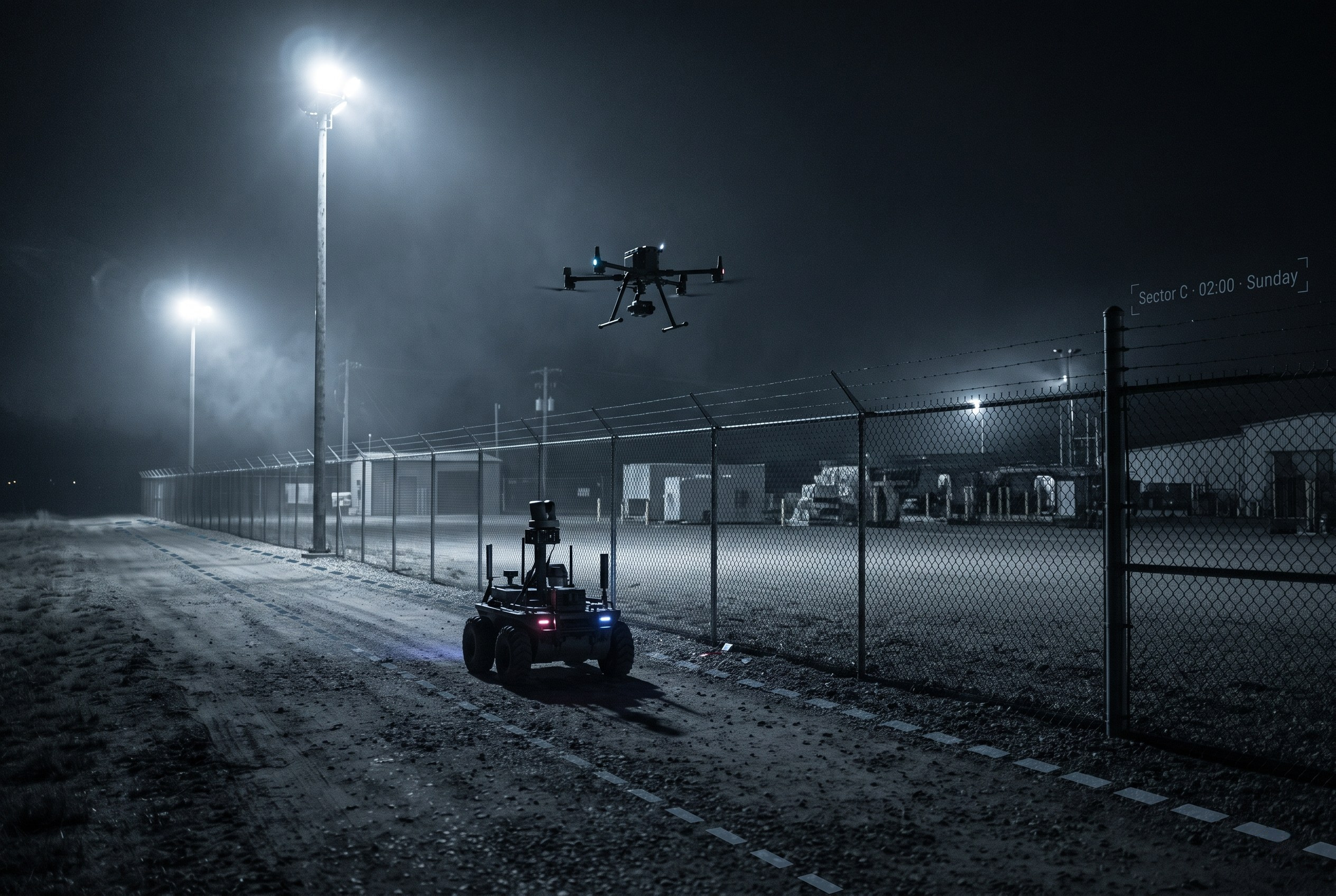 Ground robot and drone on a scheduled night patrol of a base perimeter