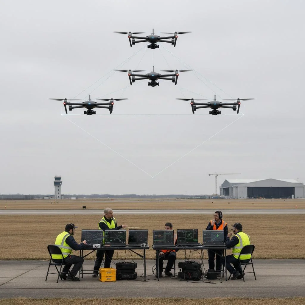 Operators at field laptops coordinating a formation of drones over an airfield