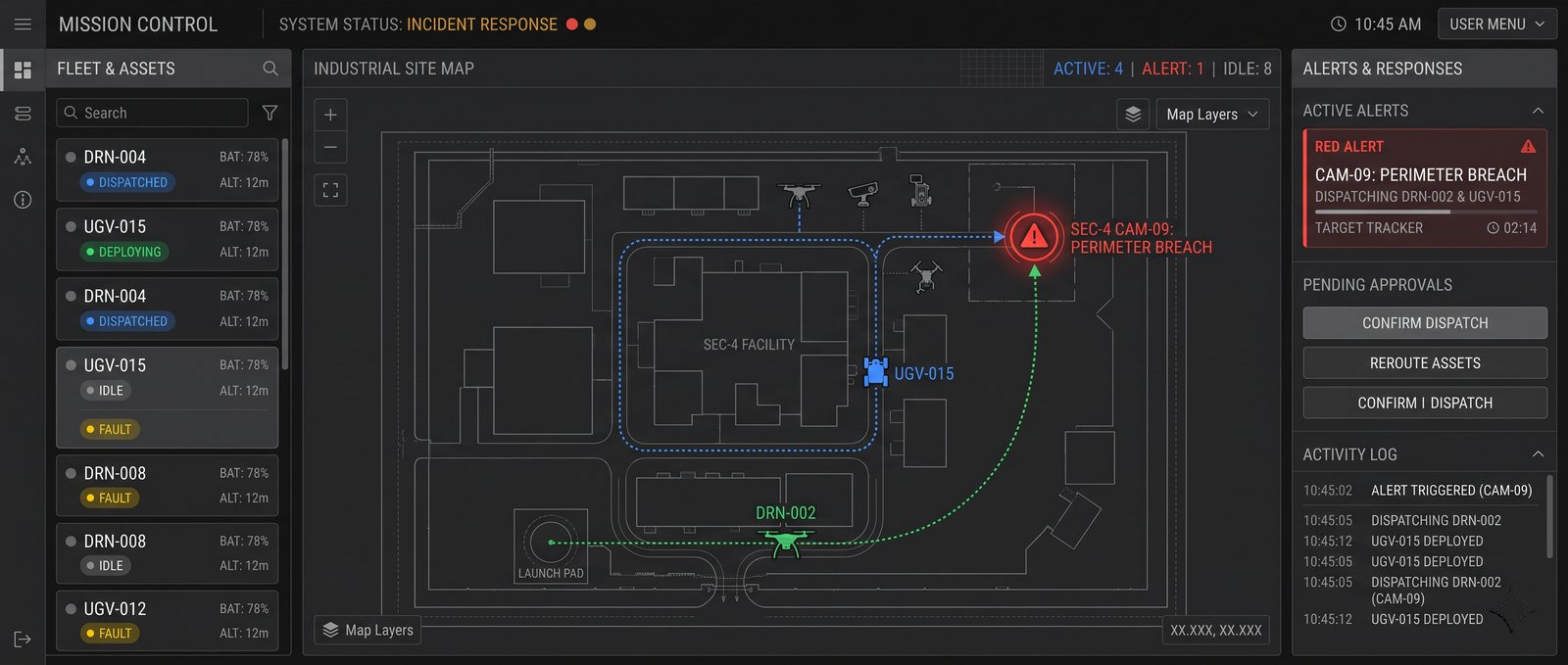 Camera alert on a site map with a ground robot and drone being dispatched