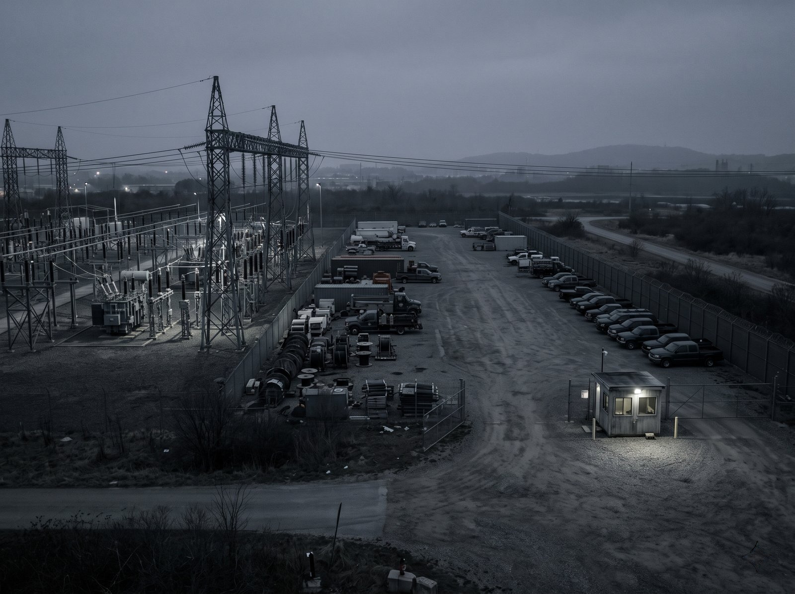 Critical infrastructure site at dusk with a single guard post
