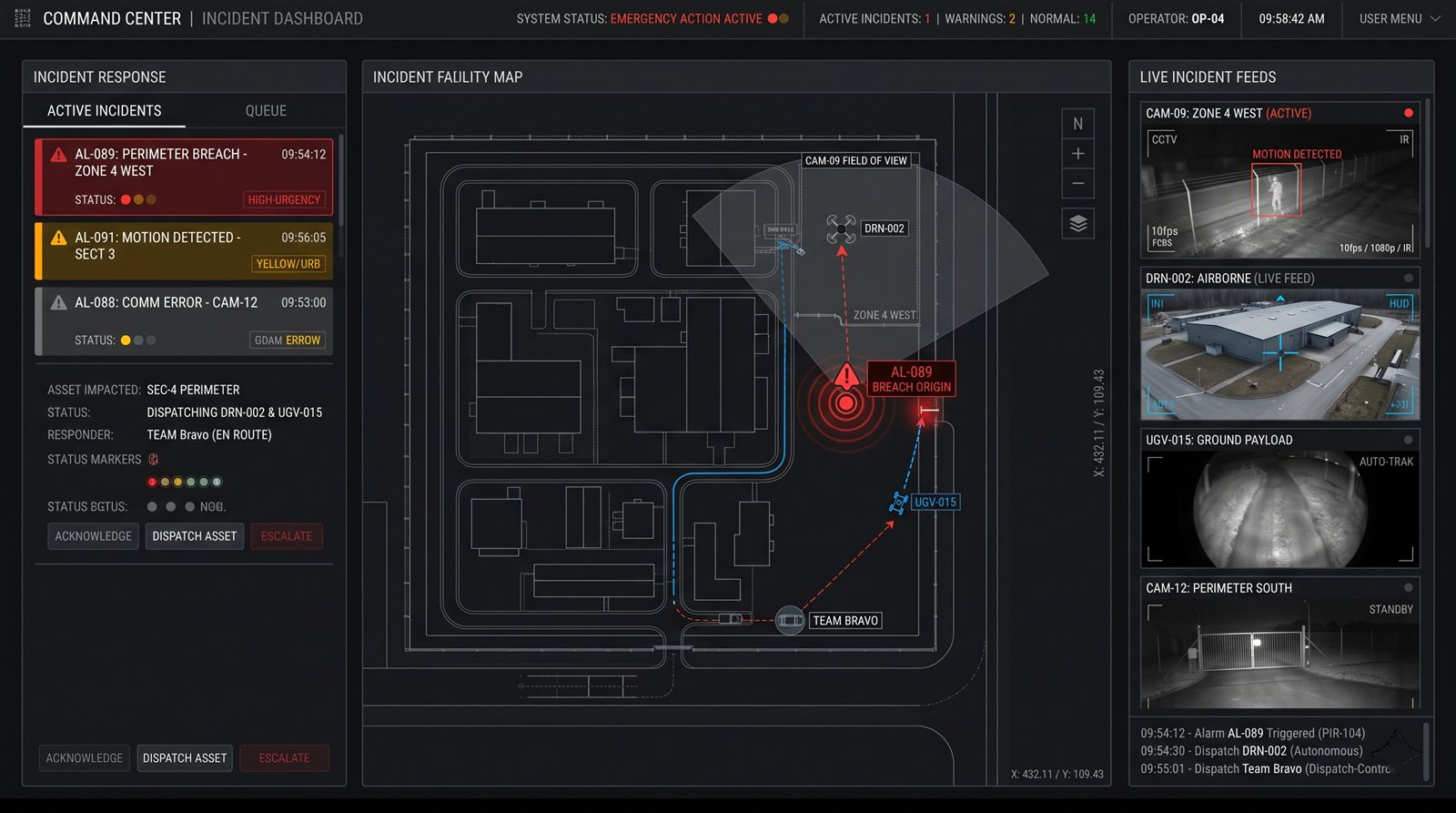 Omokai incident dashboard with live drone video, responder status and site map